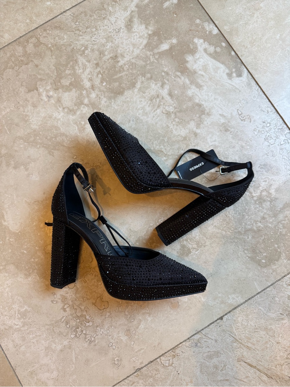NWT Express Black Rhinestone Block Heel Slingbacks